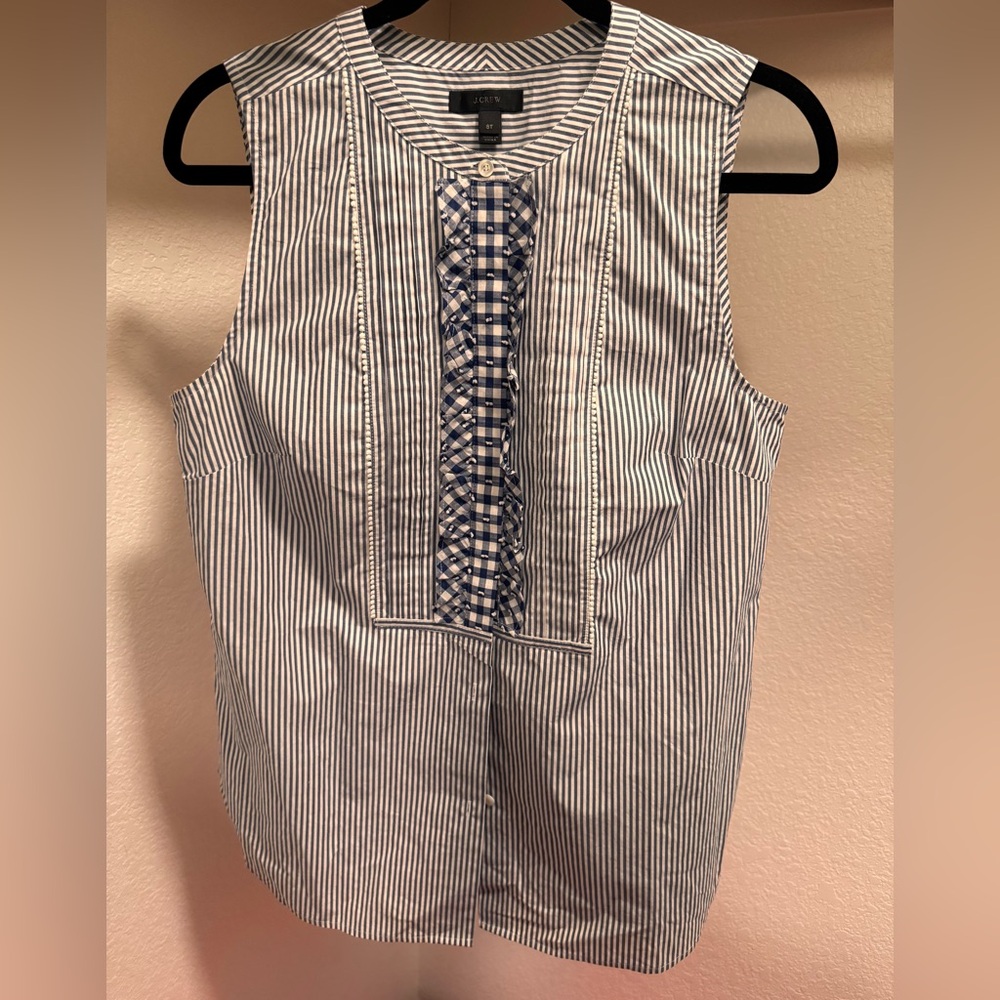 J.Crew Women's 8T Navy & White Pinstripe Sleeveless Ruffle Blouse - 100% Cotton